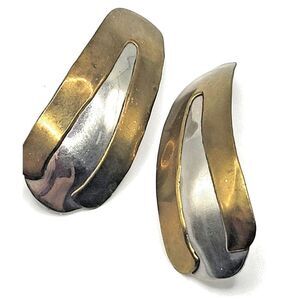 Artisan Made Sterling Silver and Brass Stud Drop Earrings 2in
